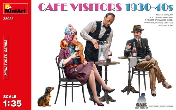 Cafe Visitors 1930-40s (3 Figs & 1 Dog)